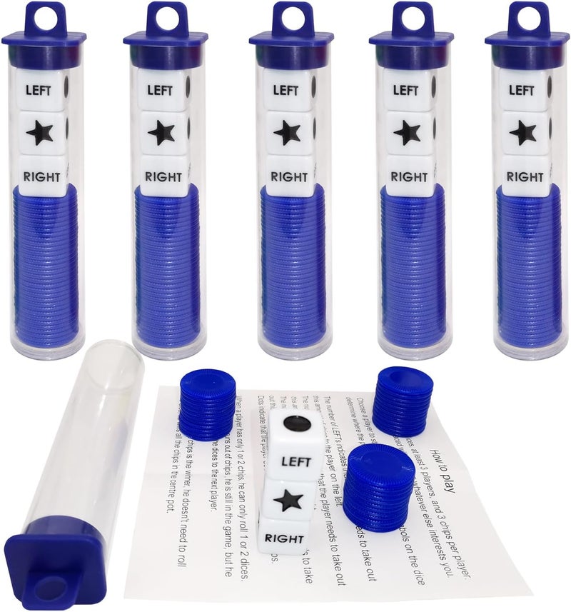 Ahoper Right Left Center Dice Game Prime Set Bundle with 3 Dices + 30 Chips. Round Tube Storage is Very Convenient for Travel. Easy to Store, Carry Around. (Blue 5 Pack) - Image 4